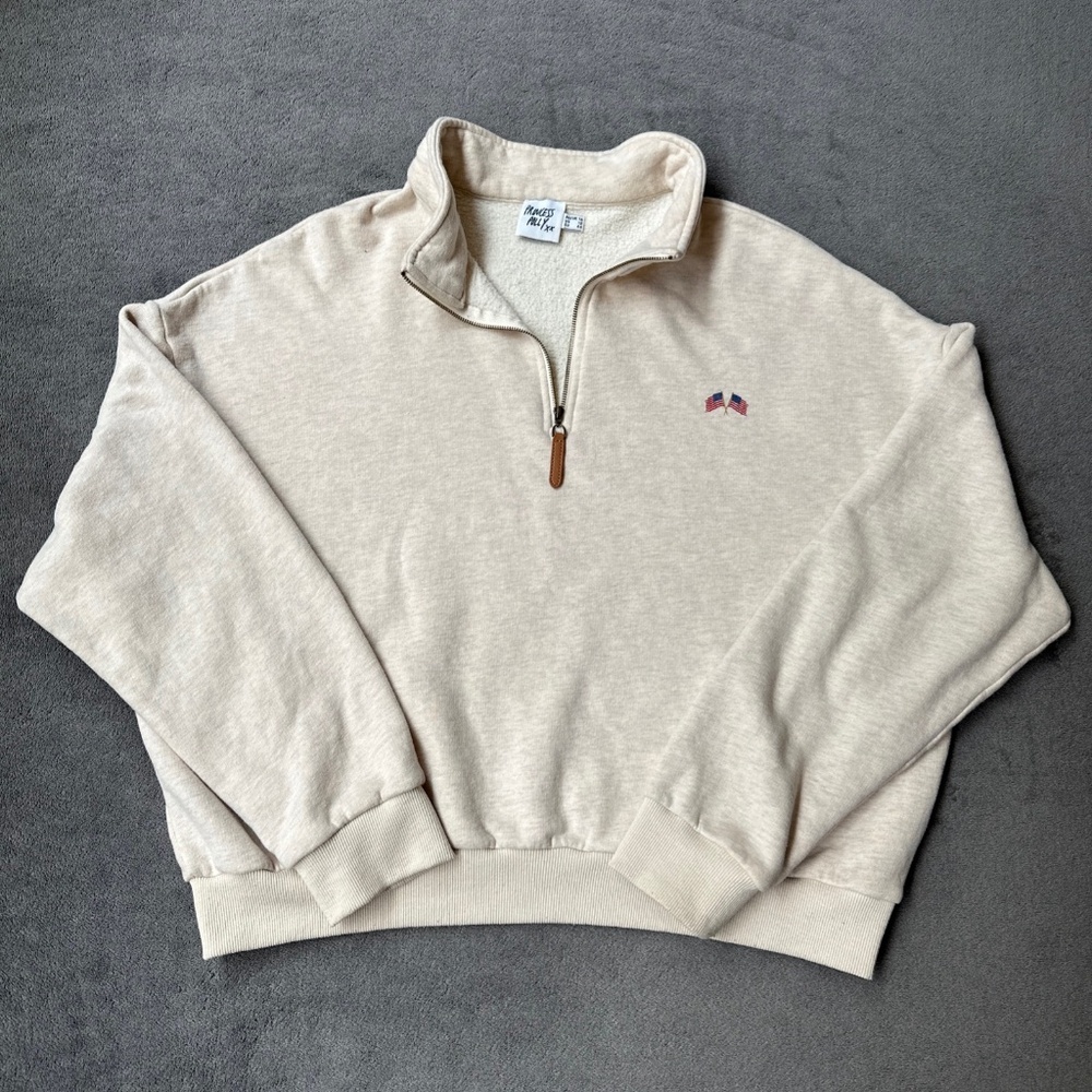 Princess Polly USA Flag Sweatshirt Womens Sz 12 Cream Beige ¼ Zip Pullover Top